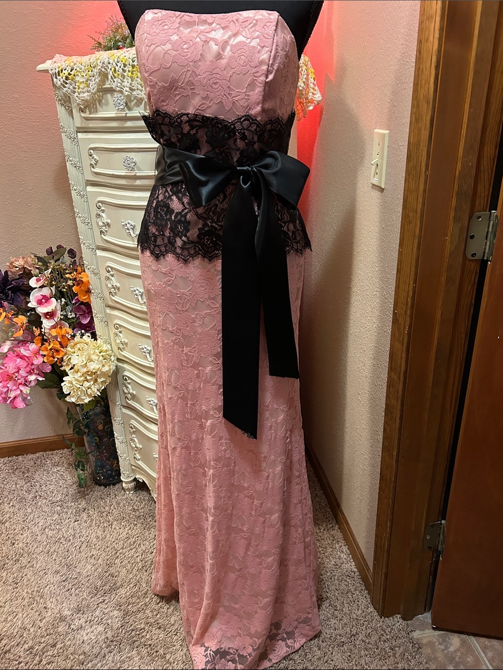 Fiesta Pink Lace Strapless Prom Gown with Black Lace Waist Sash